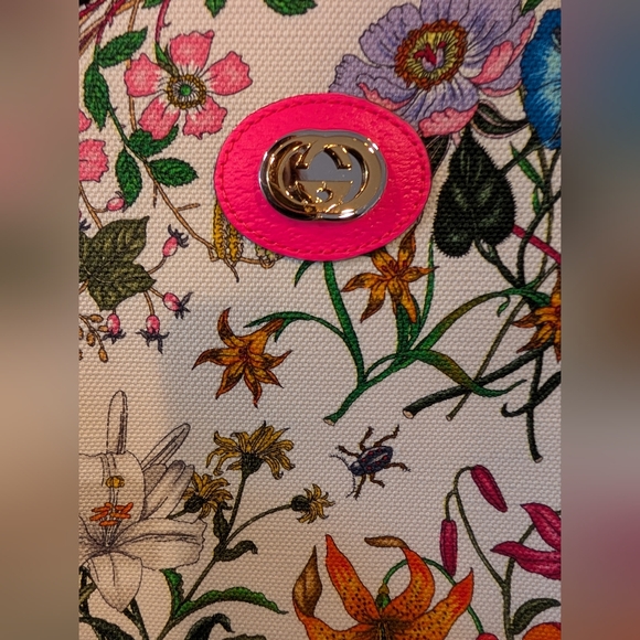 NWT Authentic Gucci Floral Cabas Shoulder Tote With Hot Pink Leather Accents - Picture 12 of 12